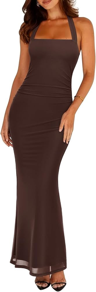 REORIA Mesh Sheer Sleeveless Wedding Guest Maxi Dresses for Women Ruched Bodycon Square Neck Halt... | Amazon (US)