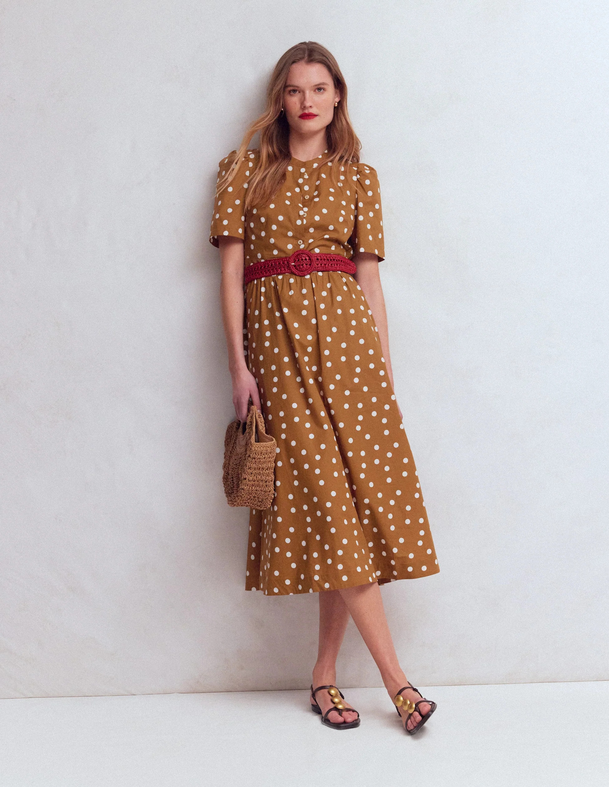 Ivy Placket Cotton Midi Dress-Brown Painted Dot Spaced | Boden (US)