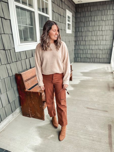Todays outfit for church- wide leg pants outfit, orange pants, spring style, sock boots outfit, earth tones, Quince pants 

#LTKstyletip #LTKSeasonal #LTKsalealert