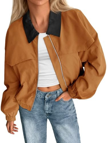 Tankaneo Womens Cropped Barn Jackets Zip Up Lapel Oversized Bomber Jackets Lightweight Trendy Casual Utility Short Coats | Amazon (US)