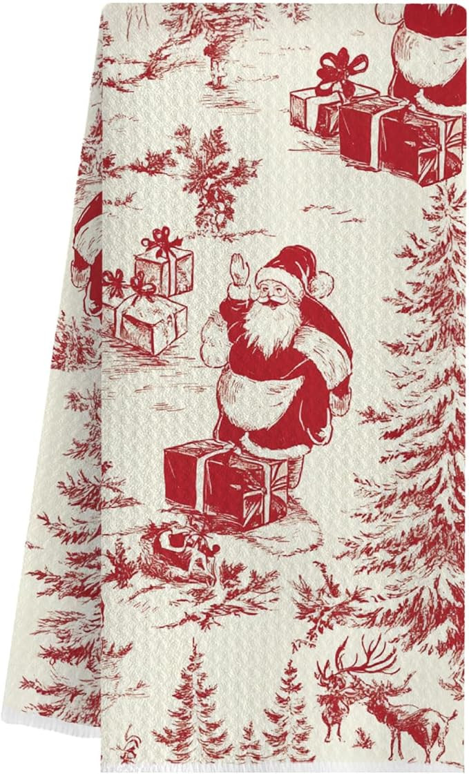 Red Chinoiserie Christmas Santa Kitchen Towels, Vintage Toile Christmas Tree Dish Tea Towels for ... | Amazon (US)