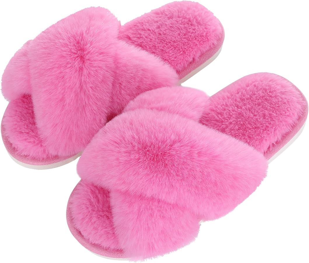 Evshine Women's Fuzzy Slippers Cross Band Memory Foam House Slippers Open Toe | Amazon (US)