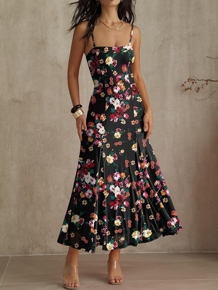 Caracilia Maxi Dresses for Women Formal Mesh Spaghetti Strap Cocktail Wedding Guest Party Floral ... | Amazon (US)
