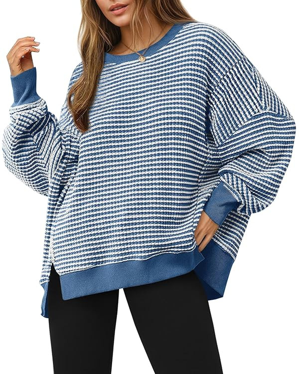 Fisoew Women's Fall Oversized Sweatshirt Casual Waffle Knit Long Sleeve Crewneck Split Pullover T... | Amazon (US)