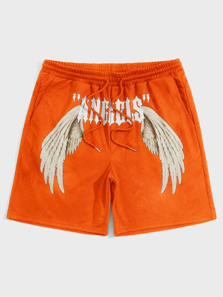 Manfinity EMRG Loose Fit Men's Letter & Wings Print Drawstring Track Shorts | SHEIN