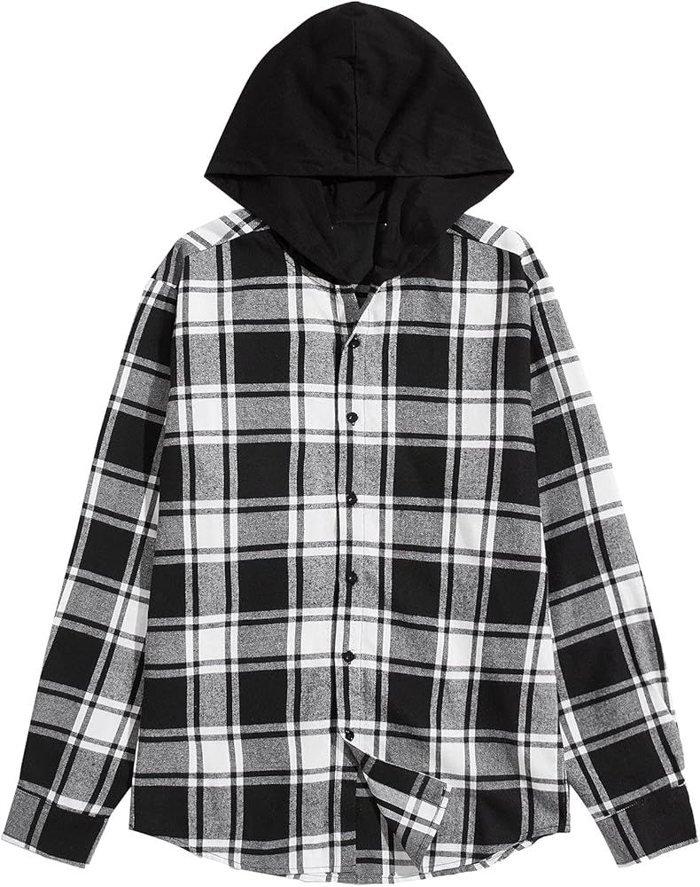 ROMWE Men's Long Sleeve Hoodie Jacket Plaid Button Down Flannel Shirts | Amazon (US)