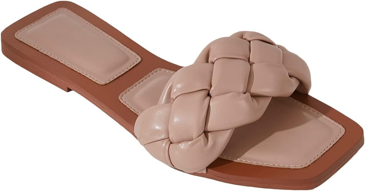 Juliet Holy Womens Square Open Toe Flat Slipper Summer Braided Slip On Mule Slide Sandal | Amazon (US)