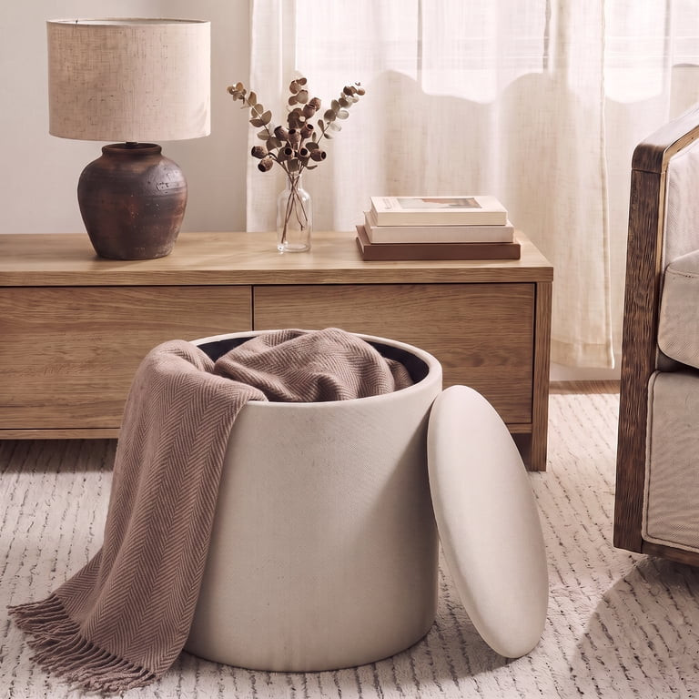 Mainstays Round Storage Ottoman, Cream Linen Fabric | Walmart (US)