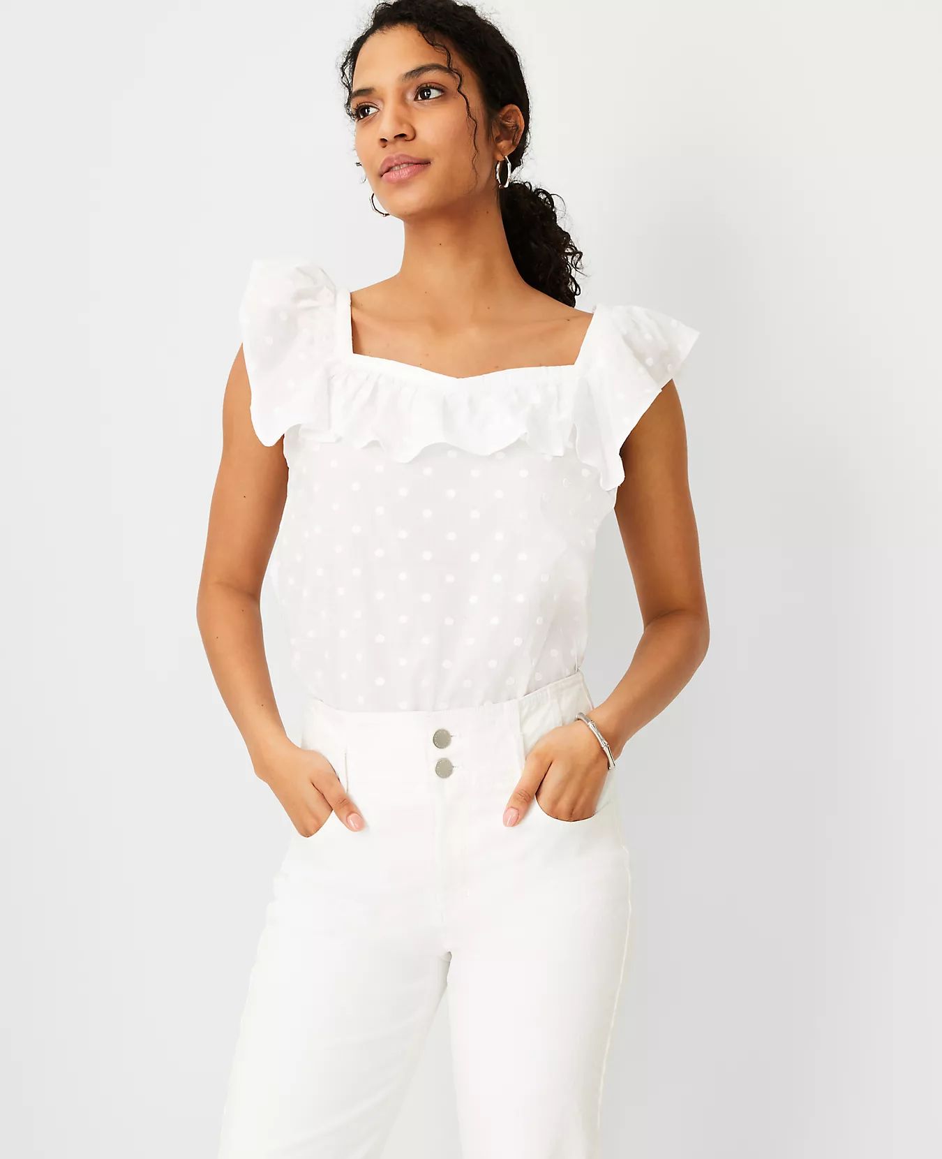 Dot Embroidered Ruffle Square Neck Top | Ann Taylor (US)