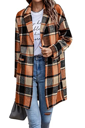 PRETTYGARDEN Women Plaid Shacket Jacket Trendy Fall Casual Button Wool Blend Tartan Trench Coat Winter Clothing with Pockets (Orange,X-Large) | Amazon (US)