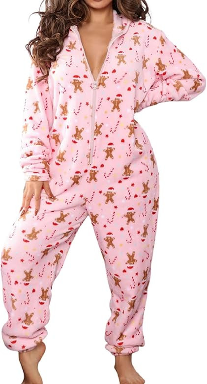 Christmas One Piece for Women Fleece Hooded Jumpsuit Zipper Romper Sexy One Piece Pajamas Sleepwe... | Amazon (US)