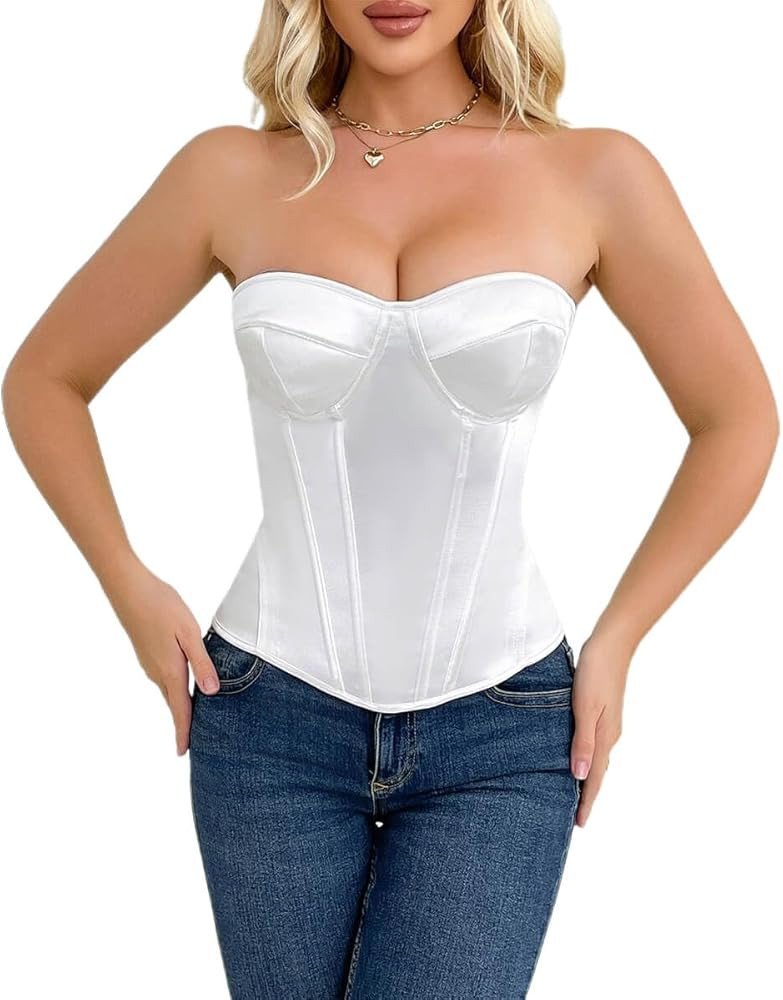 SHYMMUO Satin Corset Tops for Women Strapless Bustier Sweetheart Neckline Boned Bodice Bridal Lin... | Amazon (US)