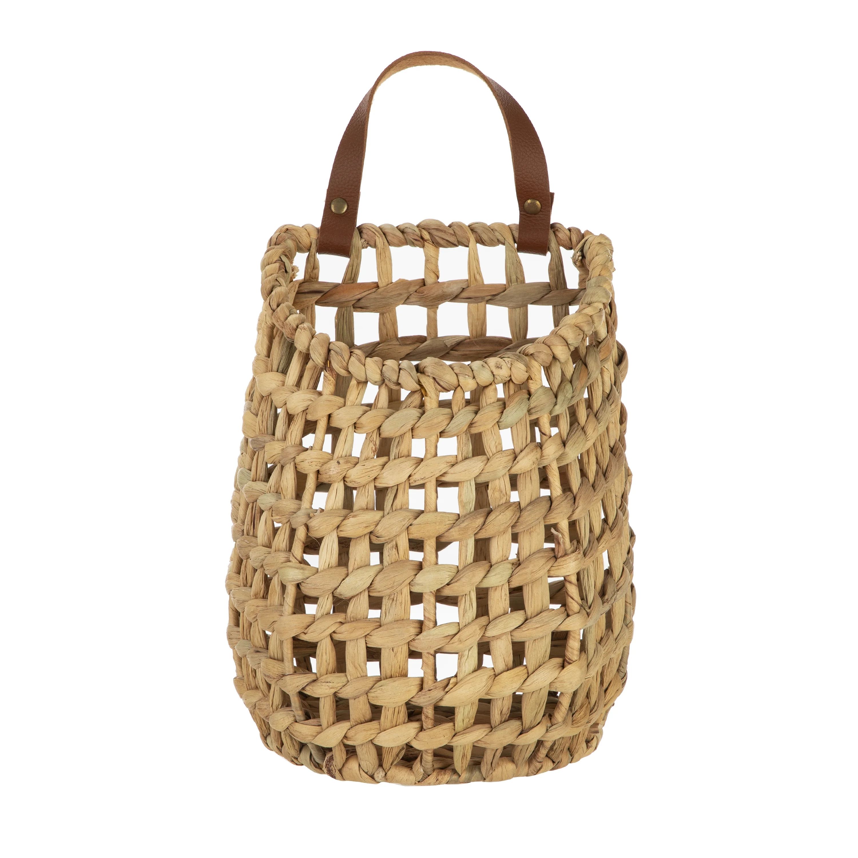 Homezone Natural Water Hyacinth Hanging Basket with Faux Leather Strap - Walmart.com | Walmart (US)