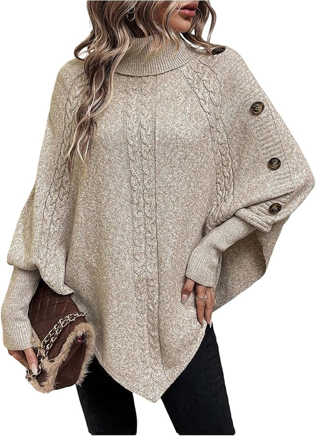 MakeMeChic Women's Poncho Sweater Oversized Asymmetrical Turtleneck Pullover Sweater Button Long ... | Amazon (US)