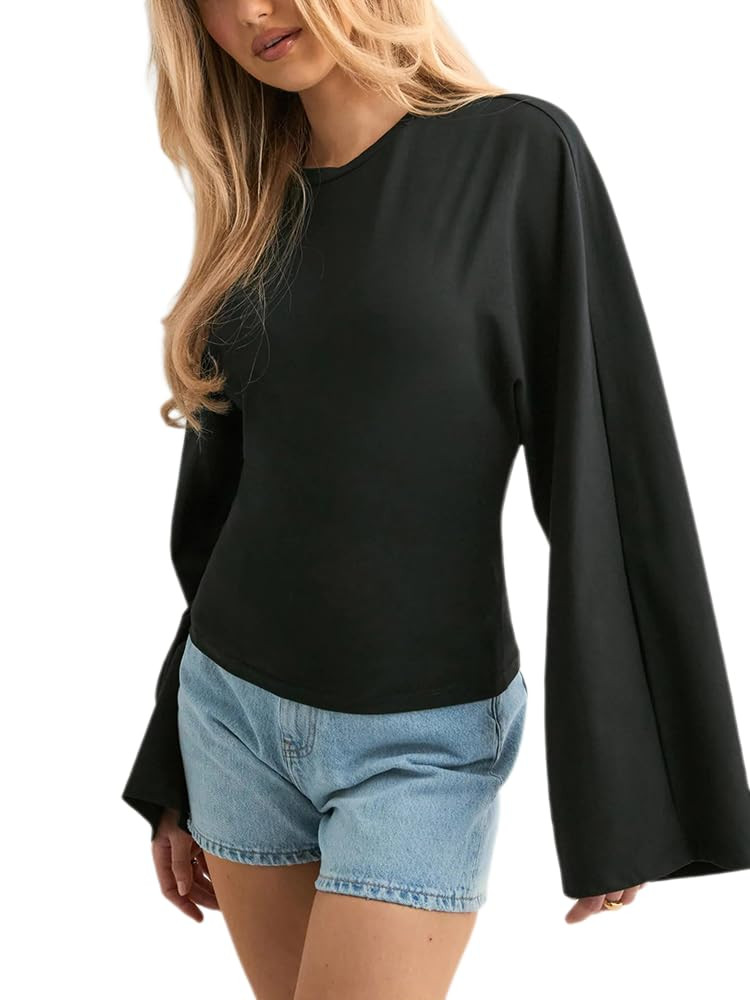 Women's Wide Sleeve Drop Shoulder T Shirt Crew Neck Cinched Waist Loose Summer Top Solid Color Ba... | Amazon (US)