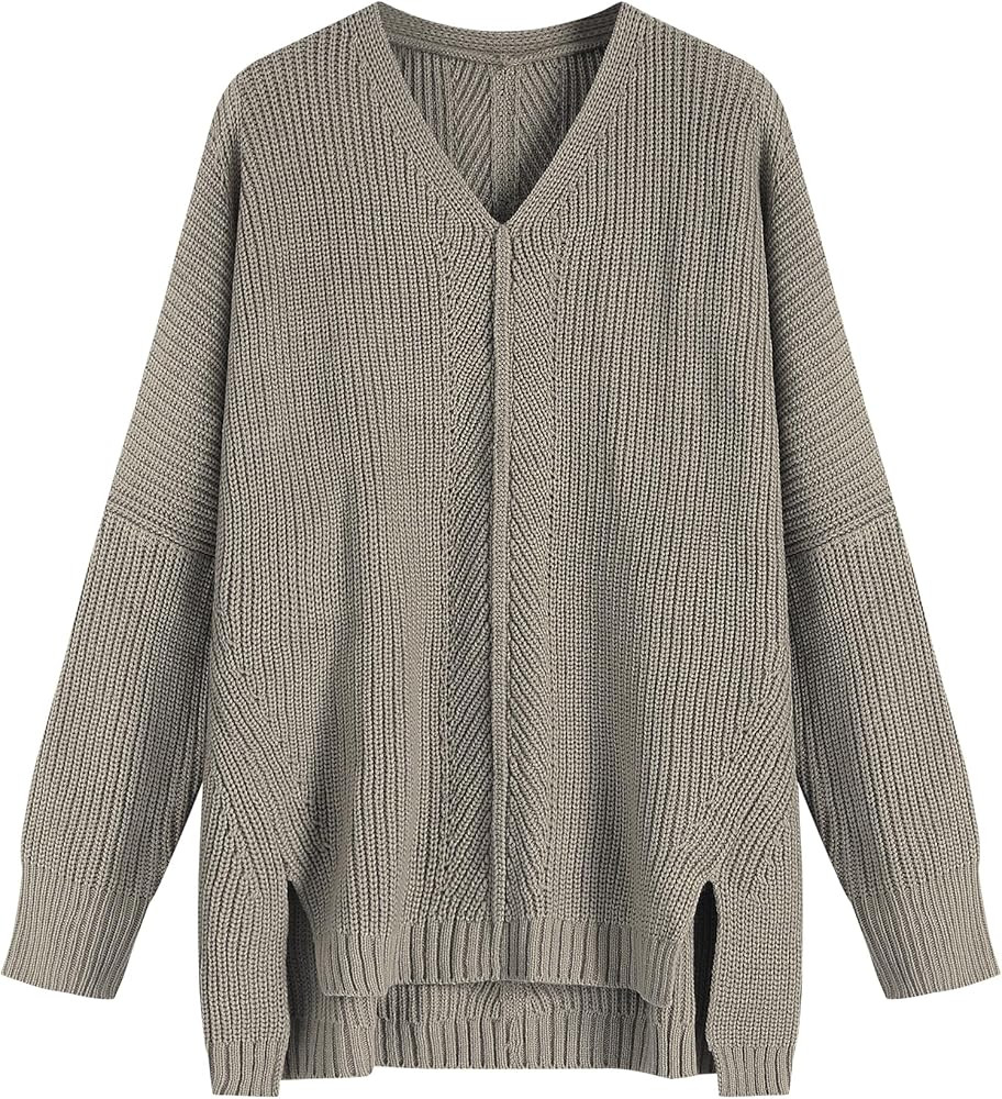 ZAFUL Women's Oversized Sweaters V Neck Long Sleeve Knit Pullover Batwing Drop Shoulder Split Top... | Amazon (US)