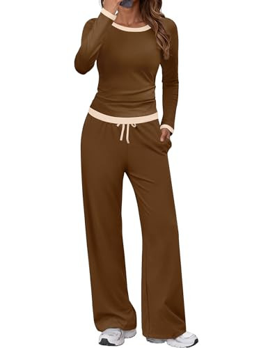 SHESHOW Womens Lounge Set Long Sleeve Tops Wide Leg Pants 2 Piece Outfits Color Block Matching Women's Loungewear Sets Coffee L | Amazon (US)