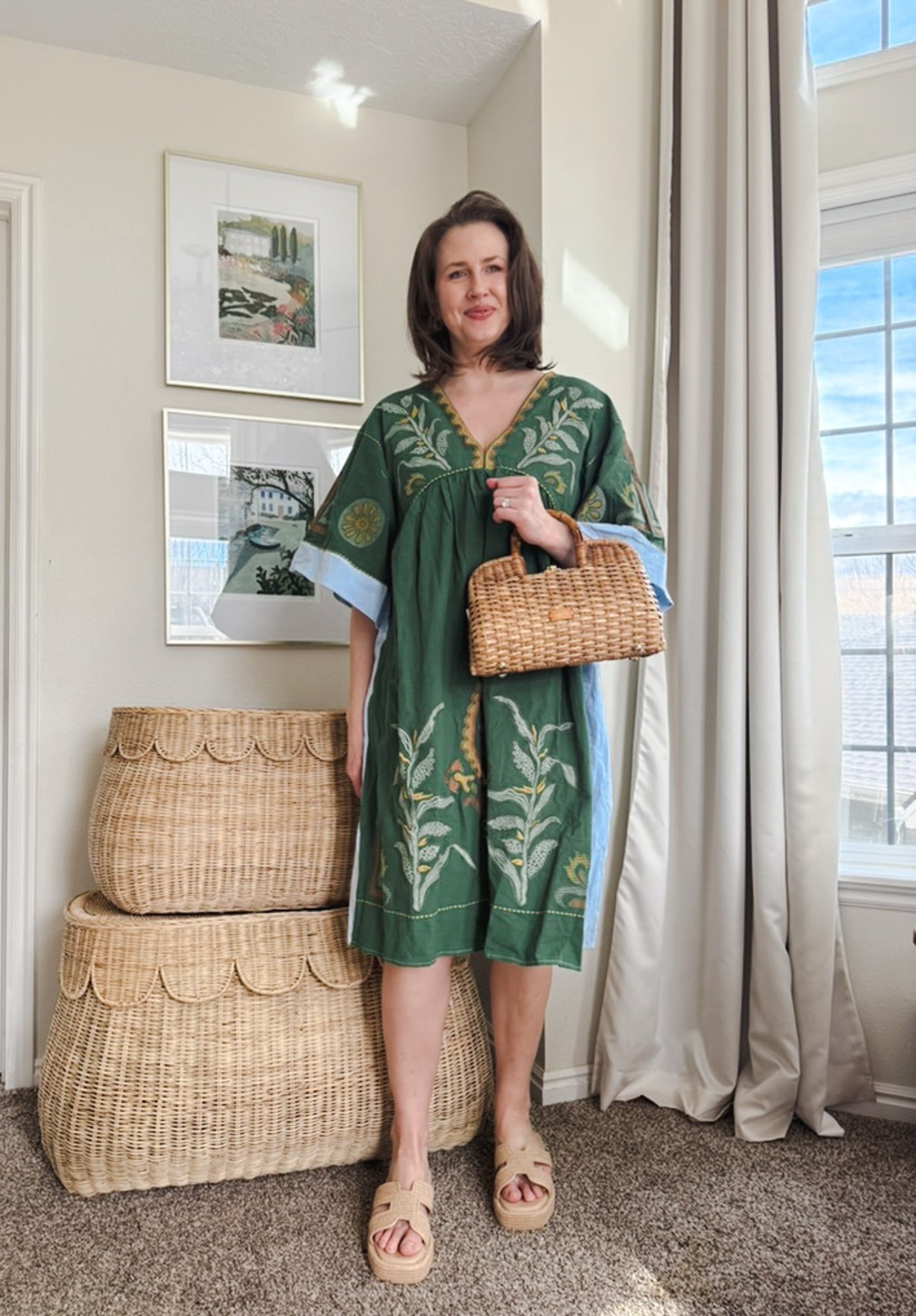 A fun and comfy dress for spring and St. Patrick’s Day! 

This short Amazon dress is so cute and affordable! It’s oversized so size down if you’re petite. I’m wearing a large, but could have done a medium. I’ve paired it with my Frances Valentine wicker bag and raffia sandals. 

@ltk 
#date night outfits #spring outfits 2026 #spring dresses #vacation outfits beach #ltkshoecrush

#LTKootd #LTKOver40 #LTKTall