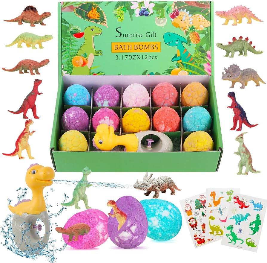 Dino Egg Bath Bomb Set - Bath Bombs with Surprise Inside, Water Gun, Temporary Tattoos - Bath Bom... | Amazon (US)
