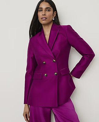 Ann Taylor Studio Collection Long Double Breasted Blazer in Silk | Ann Taylor
