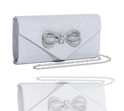 MUDUO Womens Evening Bag Sparkly Bow Clutch Purse Wedding Party Purses Glitter Rhinestone Cocktail Prom Handbags (Silver) | Amazon (US)