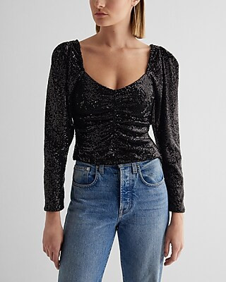 Sequin Sweetheart Neckline Puff Sleeve Ruched Front Top | Express