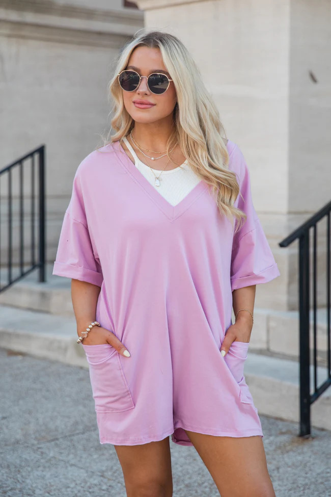 On A Daily Basis Orchid Deep V-Neck Pocketed Romper SALE | Pink Lily