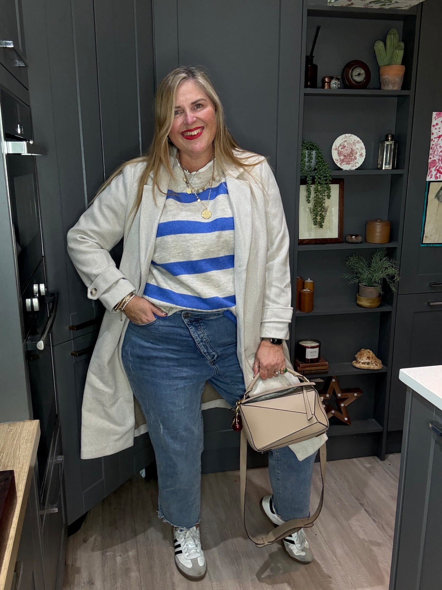 Beige, bag, beige overcoat, striped jumper, raw hem jeans, trainers 

#LTKjeans #LTKcurves #LTKplussize