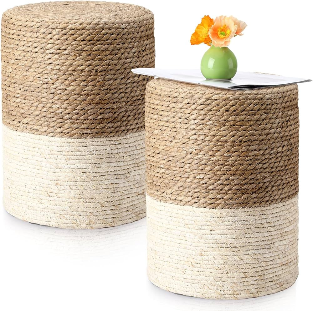 Barydat 2 Pcs 15'' Ottoman Pouf Natural Seagrass Braided Poof Hand Weaving Round Ottomans Boho Fo... | Amazon (US)