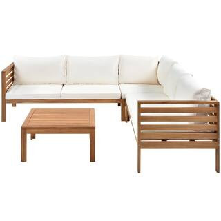Zeus & Ruta Brown 3-Piece Wood Outdoor Sofa Sectional Set with Beige Cushions and One Coffee Tabl... | The Home Depot