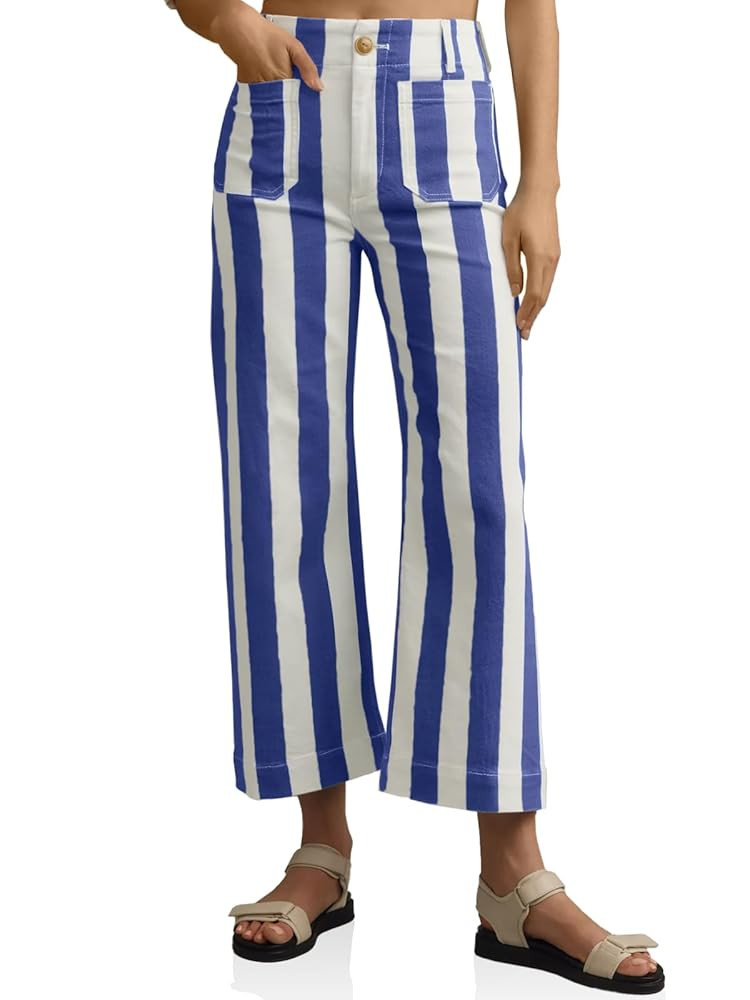 Tankaneo Womens Cropped Striped Jeans Casual High Waisted Stretchy Straight Leg Denim Pants with ... | Amazon (US)