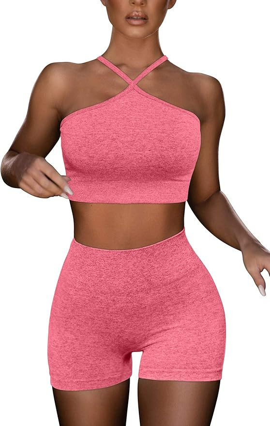 HYZ Women's Workout 2 Piece Outfits High Waist Yoga Shorts Sports Bra Sets Removable Padded | Amazon (US)