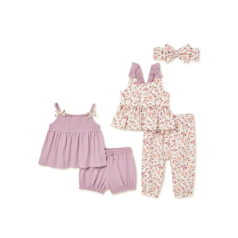 Wonder Nation Baby Girls' Tank Top, Tunic Top, Shorts, Pants and Headband Outfit Set, 5-Piece - W... | Walmart (US)