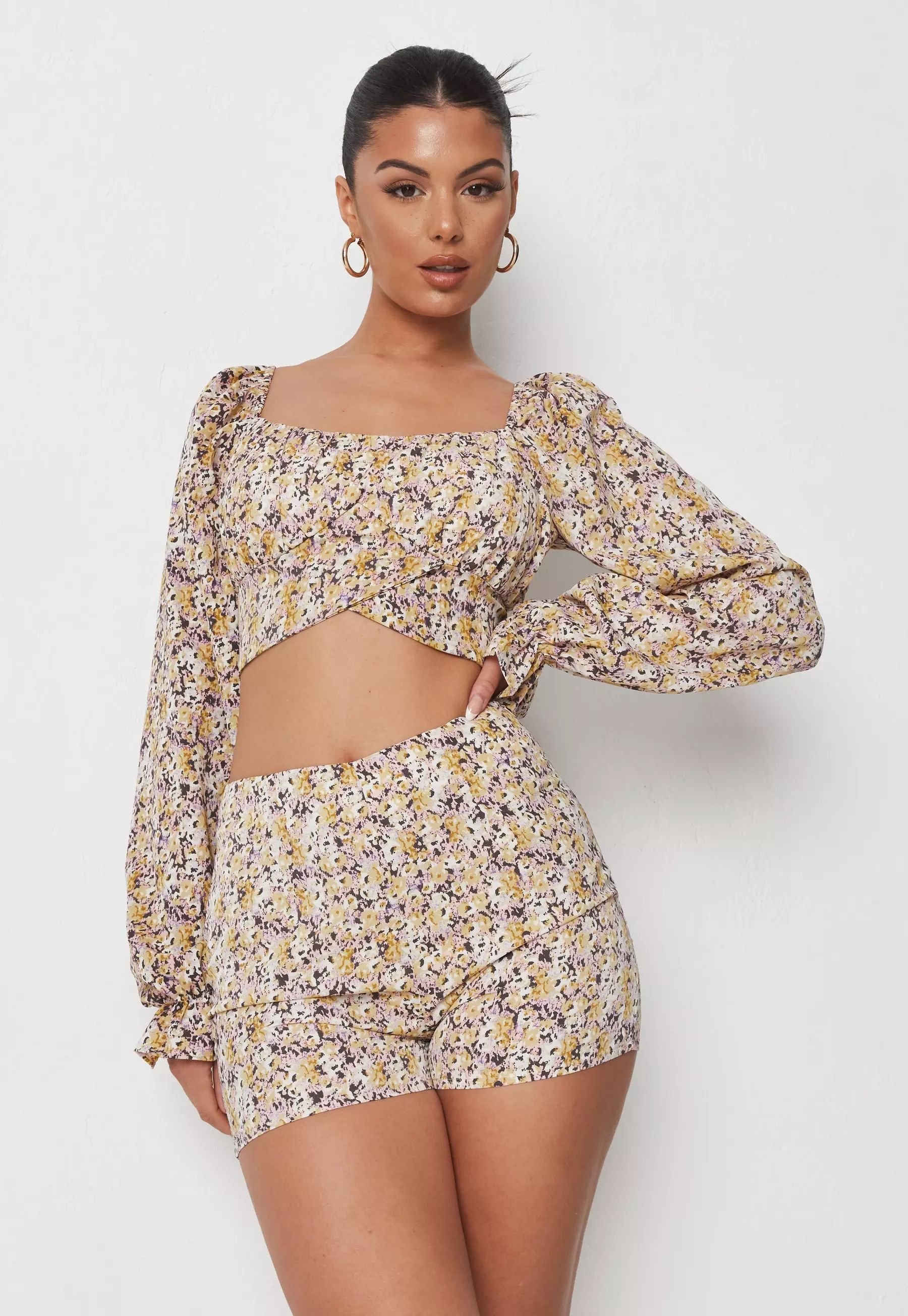 Yellow Co Ord Floral Print Milkmaid Crop Top | Missguided (US & CA)