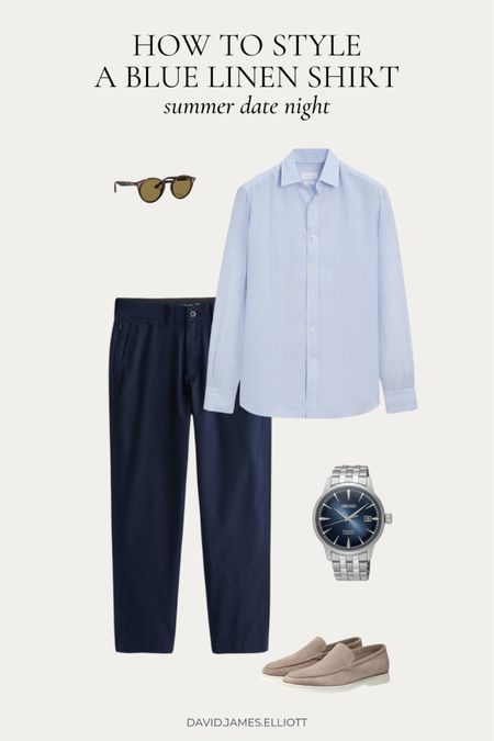 Summer date night look with a blue linen shirt and navy linen pants 

#LTKMens