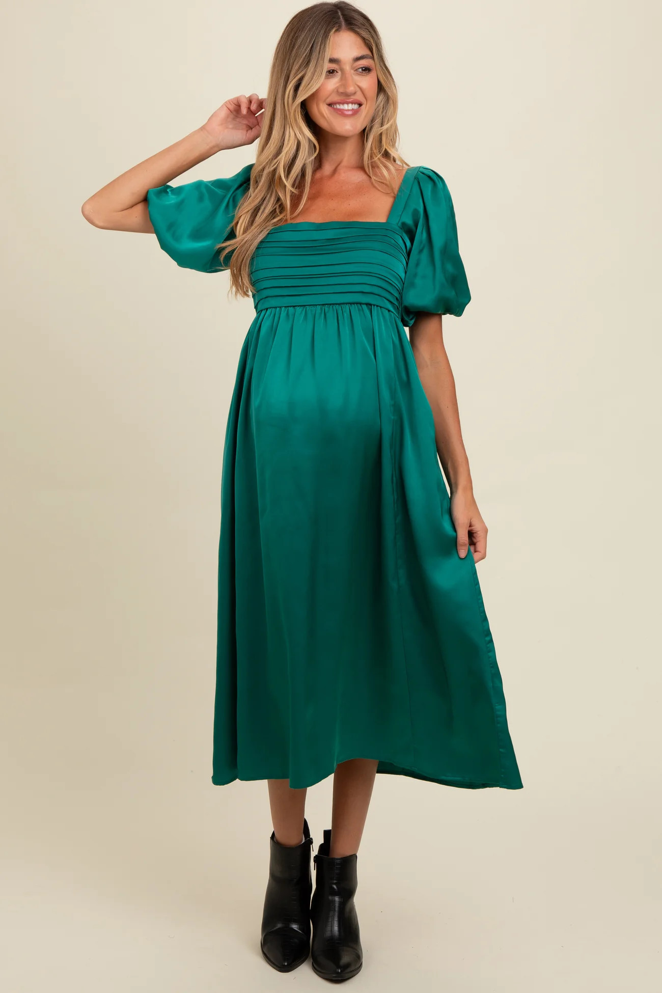 Emerald Green Satin Pleated Bodice Puff Sleeve Maternity Midi Dress | PinkBlush Maternity