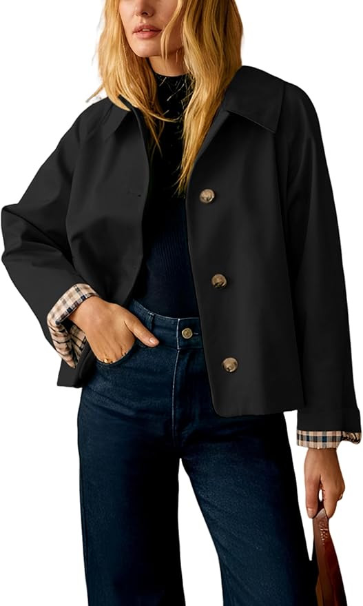 Dqbeng Womens Cropped Trench Coat Classic Collar Oversized Casual Jackets with Checkered Lining | Amazon (US)