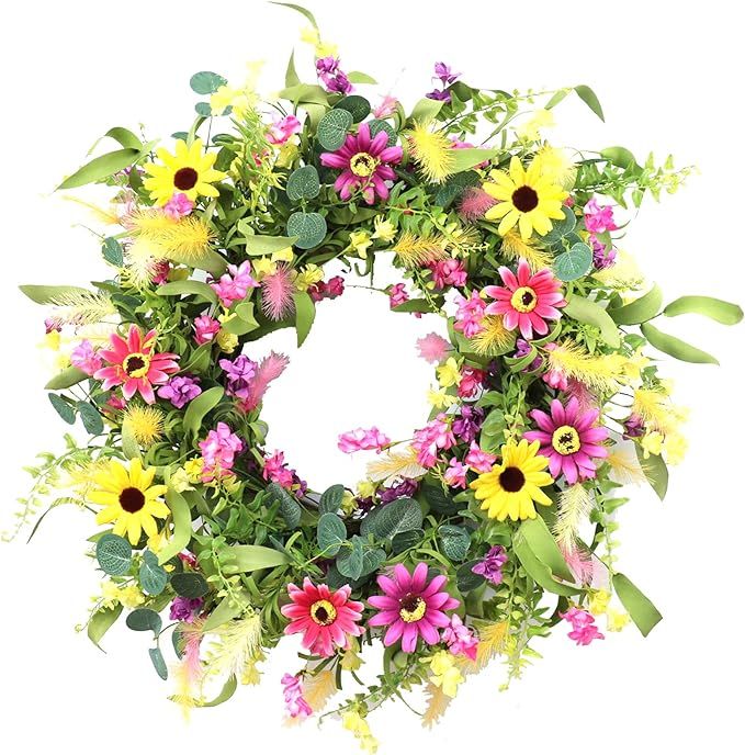 Artificial Spring Wreath 24 Inch Summer Wreath Flower Wreaths for Front Door with Colorful Flower... | Amazon (US)