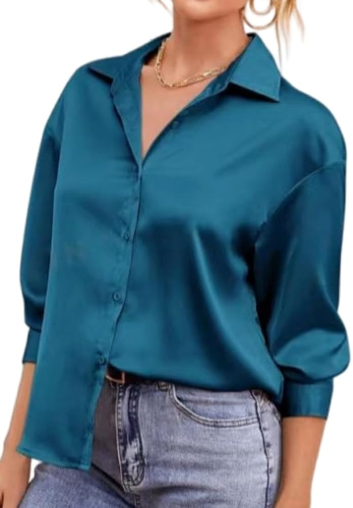 Silk Button Down Shirts for Women Satin Long Sleeve V Neck Casual Work Blouse Tunic Tops with A B... | Amazon (US)