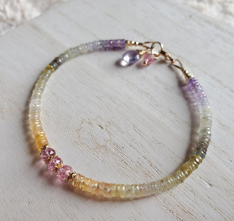 14k Gold Sapphire Bracelet, Pink Tourmaline Bracelet, Rainbow Gemstone Bracelet - Etsy | Etsy (US)