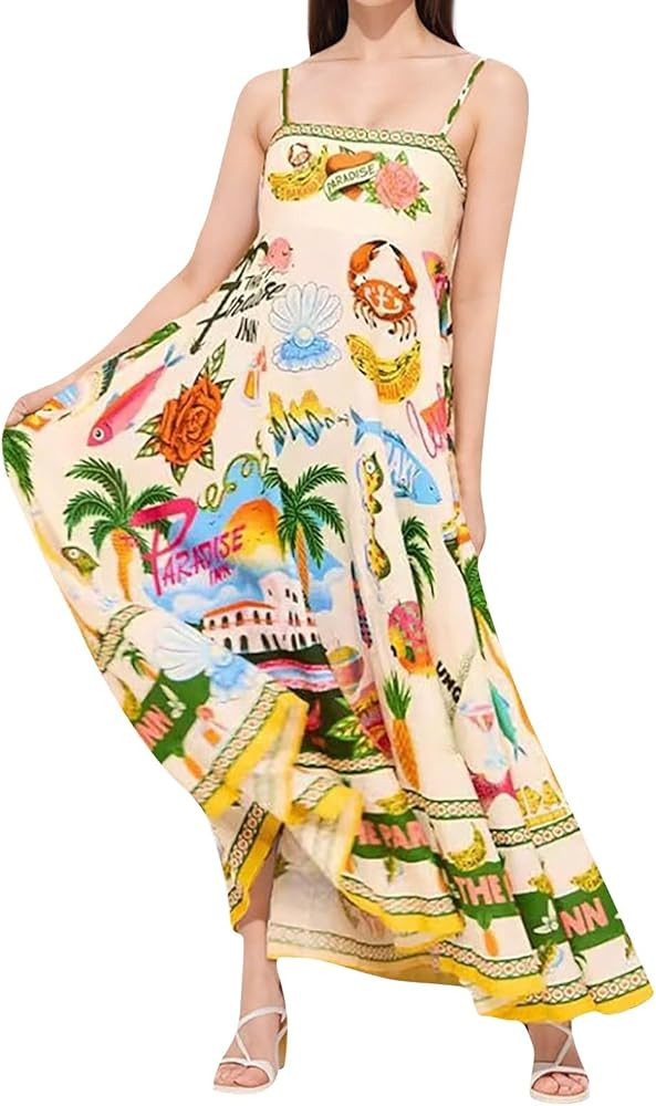 Women Dresses 2025 Cute Print Maxi Cami Dresses Sleeveless Casual Spaghetti Strap Graffiti Dress ... | Amazon (US)