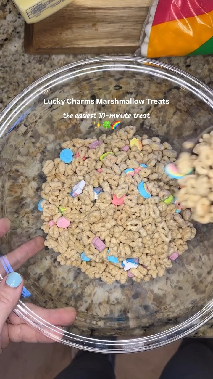 Honestly… turning cereal into dessert might be one of my better mom ideas. 🍀

These Lucky Charms marshmallow treats are gooey, colorful, and disappear faster than anything else I make.

If you grew up eating Lucky Charms, this one feels a little nostalgic too.

✨ Save this so you have the recipe later.

⸻

Lucky Charms Marshmallow Treats

Ingredients
• 7 cups Lucky Charms cereal
• 7 tbsp salted butter
• 1 bag mini marshmallows
• 1 tsp vanilla extract

Instructions

1️⃣ Line a 9-inch square baking dish with parchment paper.
2️⃣ Melt 7 tbsp salted butter in a large saucepan over medium heat.
3️⃣ Add mini marshmallows, reserving about 1 cup for later.
4️⃣ Stir until marshmallows are melted and smooth.
5️⃣ Remove from heat and stir in vanilla, cereal, and reserved marshmallows.
6️⃣ Pour mixture into prepared dish.
7️⃣ Use parchment paper to press mixture evenly into the pan.
8️⃣ Let cool 30 minutes, cut, and enjoy

#luckycharms #luckycharmsmarshmallowtreats #nobakedessert #momlife #stpatricksdaytreats

#LTKfoodie #LTKmomlife #LTKSeasonal