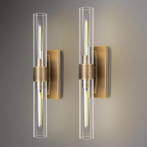 Brass Wall Sconces, 22.8" Bathroom Wall Sconce, Antique Brass Wall Sconces Set of 2, 2-Light Dimm... | Amazon (US)