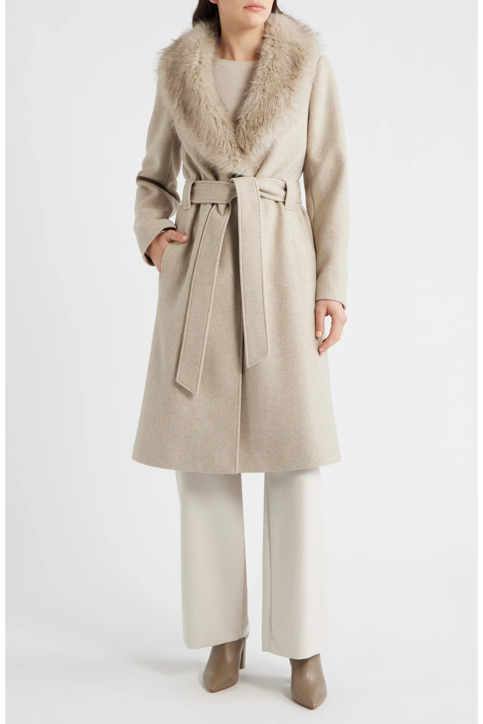 Belted Wrap Coat with Faux Fur Collar (Women) | Nordstrom | Nordstrom