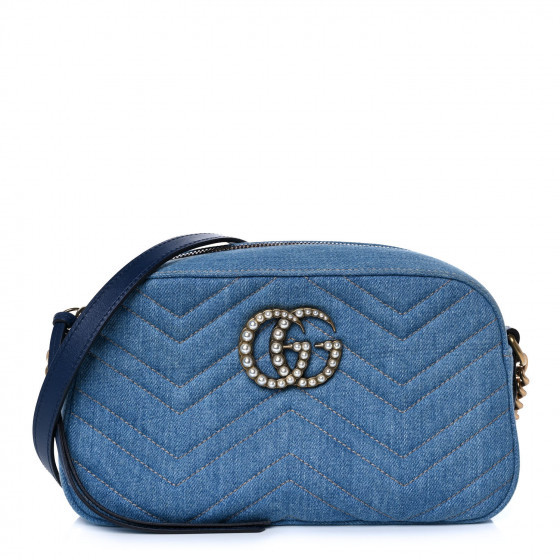GUCCI Denim Matelasse Small Pearly GG Marmont Chain Shoulder Bag Blue | Fashionphile