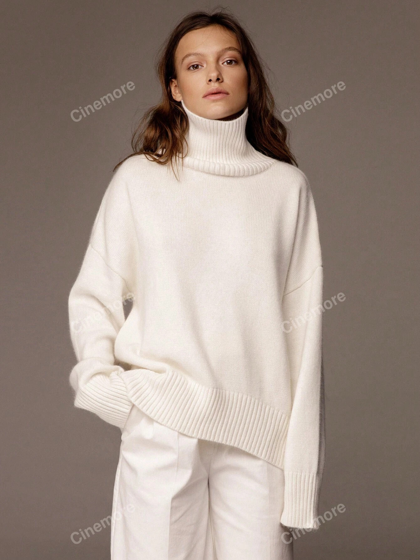 Cinemore Solid Color High Neck Drop Shoulder Sweater | SHEIN