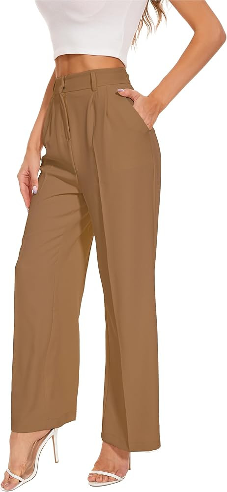 FUNYYZO Wide Leg Pants Women's High Elastic Waisted in The Back Business Work Trousers Long Strai... | Amazon (US)