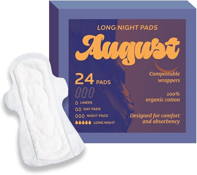 August Organic Menstrual Long Overnight Pads, 100% Certified Organic Cotton, Compostable Wrappers... | Amazon (US)