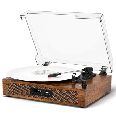 Vinyl Record Player Extended Size With Bluetooth Playback, Built-In Speakers, USB Recording, LED Display, 3-Speed Belt Drive Turntable - Vintage Music | Wayfair North America