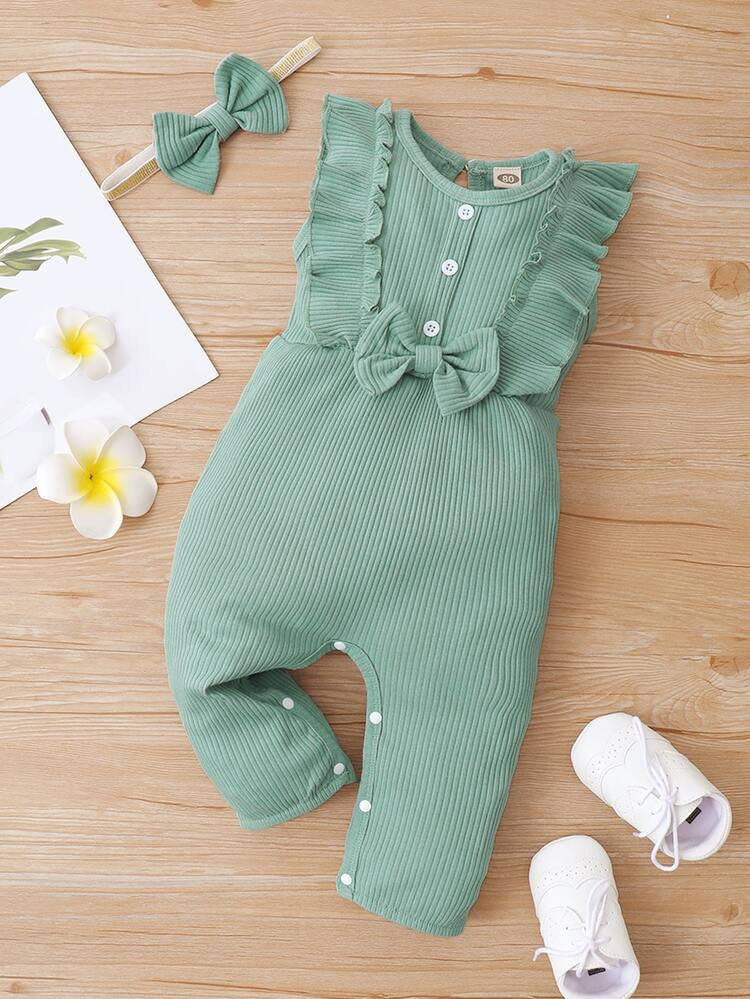 Baby Ruffle Trim Fake Button Bow Front Jumpsuit & Headband | SHEIN
